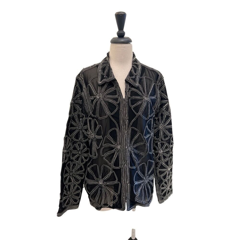 Stonebridge Signature Women's Embroidered Floral Zip Up Jacket Black Size Medium